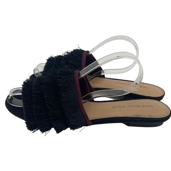 WHO WHAT WEAR women 6.5 black fringe slide Sandals - Picture 2 of 5